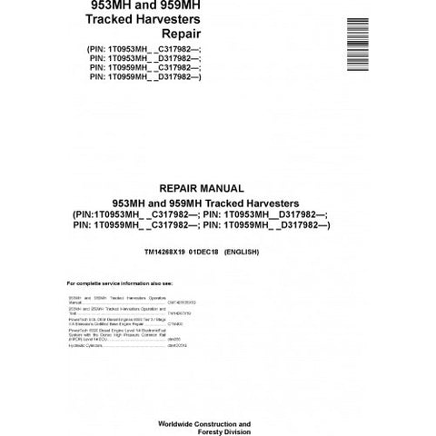 TM14268X19 SERVICE REPAIR MANUAL - JOHN DEERE 953MH 959MH (SN.C317982- D317982-) TRACKED HARVESTERS DOWNLOAD