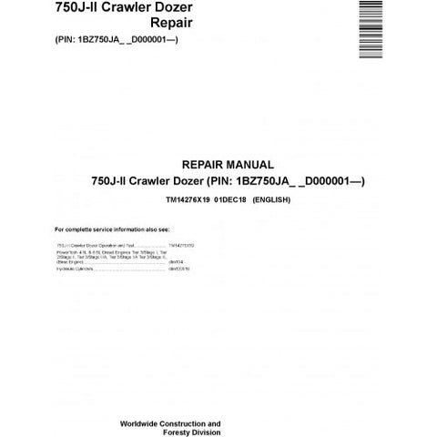 TM14276X19 SERVICE REPAIR TECHNICAL MANUAL - JOHN DEERE 750J-II (SN. D000001-) CRAWLER DOZER DOWNLOAD