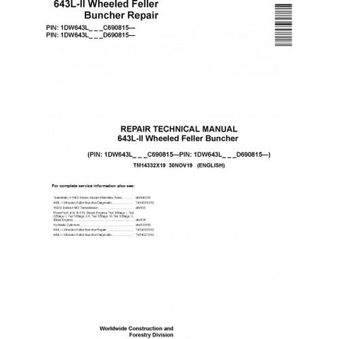 TM14332X19 SERVICE REPAIR TECHNICAL MANUAL - JOHN DEERE 643L-II WHEELED FELLER BUNCHER DOWNLOAD