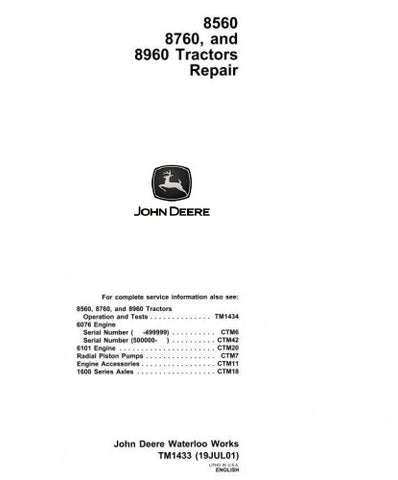 TM1433 SERVICE REPAIR TECHNICAL MANUAL - JOHN DEERE 8560, 8760, 8960 4WD ARTICULATED TRACTORS DOWNLOAD