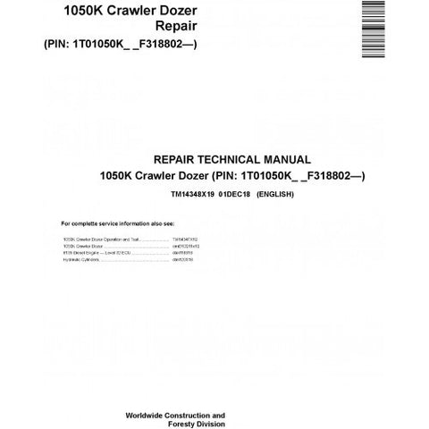 TM14348X19 REPAIR TECHNICAL MANUAL - JOHN DEERE 1050K (SN. F318802-) CRAWLER DOZER DOWNLOAD