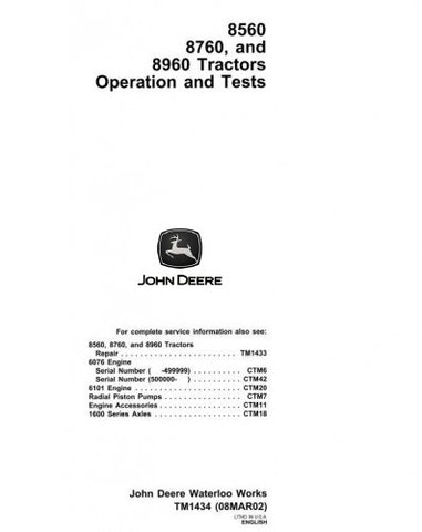 TM1434 DIAGNOSIS AND TESTS SERVICE MANUAL - JOHN DEERE 8560, 8760, 8960 4WD ARTICULATED TRACTORS DOWNLOAD
