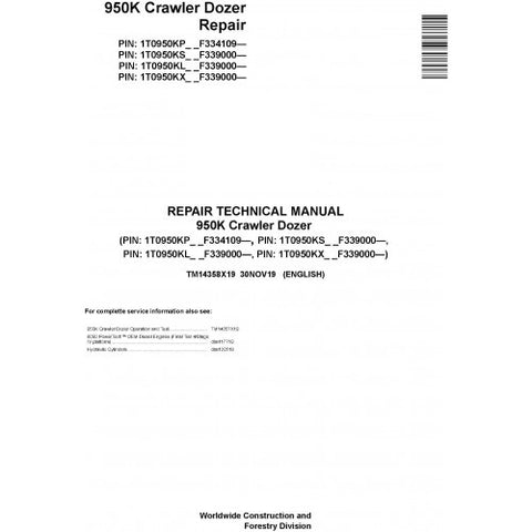 TM14358X19 SERVICE REPAIR TECHNICAL MANUAL - JOHN DEERE 950K CRAWLER DOZER DOWNLOAD