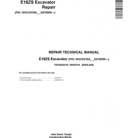 TM14362X19 SERVICE REPAIR TECHNICAL MANUAL - JOHN DEERE E18ZS EXCAVATOR DOWNLOAD