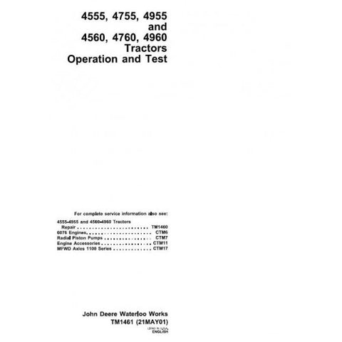 TM1461 OPERATION AND TESTS TECHNICAL MANUAL - JOHN DEERE 4555, 4560, 4755, 4760, 4955, 4960 TRACTORS DOWNLOAD