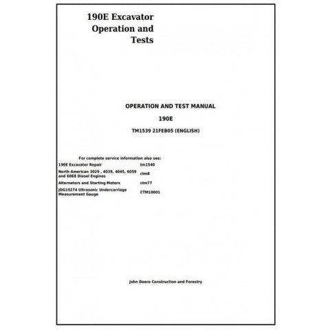 TM1539 DIAGNOSTIC OPERATION AND TESTS SERVICE MANUAL - JOHN DEERE 190E EXCAVATOR DOWNLOAD