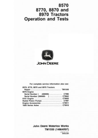 TM1550 DIAGNOSIS AND TESTS SERVICE MANUAL - JOHN DEERE 8570, 8770, 8870, 8970 4WD ARTICULATED TRACTORS DOWNLOAD