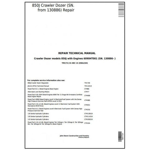 TM1731 REPAIR TECHNICAL MANUAL - JOHN DEERE 850J CRAWLER DOZER (SN.130886-) DOWNLOAD