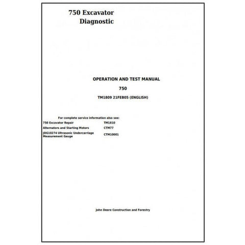 TM1809 DIAGNOSTIC OPERATION AND TESTS SERVICE MANUAL - JOHN DEERE 750 EXCAVATOR DOWNLOAD