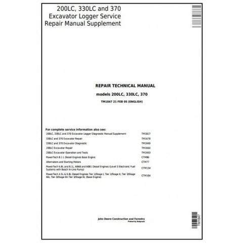 TM1847 SUPPLEMENT REPAIR TECHNICAL MANUAL - JOHN DEERE 200LC 330LC 370 EXCAVATOR LOGGER DOWNLOAD