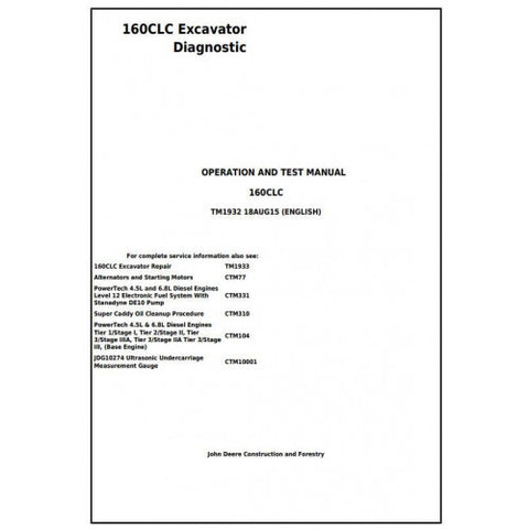 TM1932 DIAGNOSTIC OPERATION AND TESTS SERVICE MANUAL - JOHN DEERE 160CLC EXCAVATOR DOWNLOAD