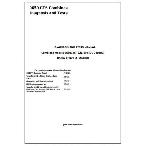 TM2022 DIAGNOSIS AND TESTS MANUAL - JOHN DEERE 9650 CTS COMBINES DOWNLOAD