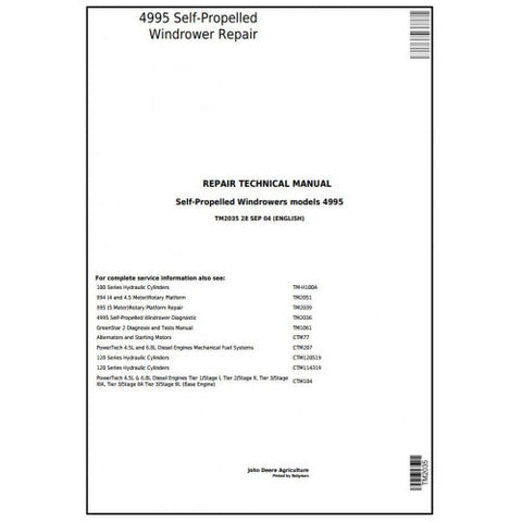 TM2035 SERVICE REPAIR TECHNICAL MANUAL - JOHN DEERE 4995 SELF-PROPELLED WINDROWERS HAY AND FORAGE DOWNLOAD