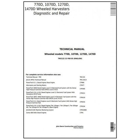 TM2122 DIAGNOSTIC OPERATION AND TESTS SERVICE MANUAL - JOHN DEERE 770D, 1070D, 1270D, 1470D WHEELED HARVESTER DOWNLOAD