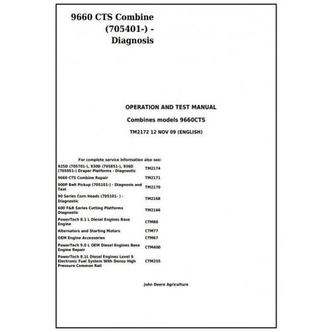TM2172 DIAGNOSTIC OPERATION AND TESTS SERVICE MANUAL - JOHN DEERE 9660 CTS COMBINE (SN.FROM 705401) DOWNLOAD
