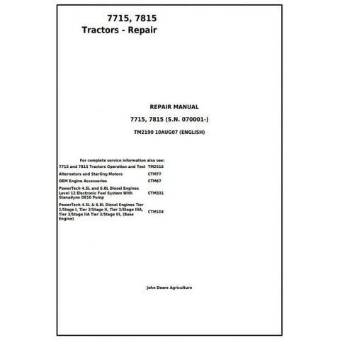 TM2190 SERVICE REPAIR TECHNICAL MANUAL - JOHN DEERE 7715, 7815 TRACTORS DOWNLOAD