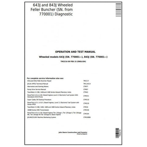 TM2216 DIAGNOSTIC OPERATION AND TESTS SERVICE MANUAL - JOHN DEERE 643J 843J (SN.770001) WHEELED FELLER BUNCHER DOWNLOAD