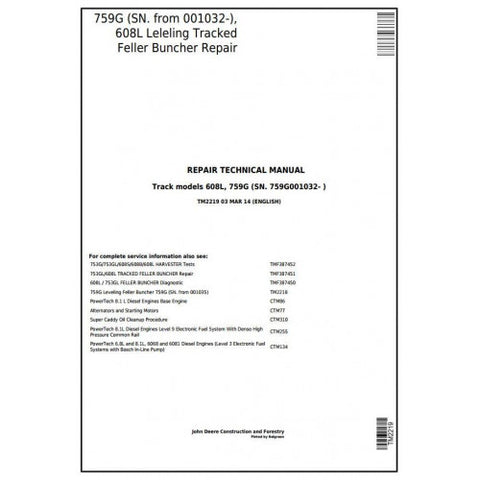 TM2219 SERVICE REPAIR TECHNICAL MANUAL - JOHN DEERE 759G (SN.001032) 608L LELELING TRACKED FELLER BUNCHER DOWNLOAD