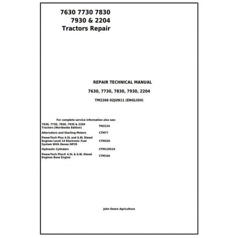 TM2266 SERVICE REPAIR TECHNICAL MANUAL - JOHN DEERE 7630 7730 7830 7930 & 2204 TRACTORS DOWNLOAD