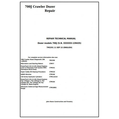 TM2291 REPAIR TECHNICAL MANUAL - JOHN DEERE 700J CRAWLER DOZER (SN. 139435) DOWNLOAD