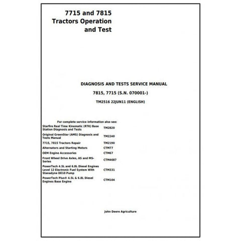 TM2516 DIAGNOSIS AND TESTS SERVICE MANUAL - JOHN DEERE 7715, 7815 TRACTORS DOWNLOAD