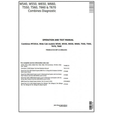 TM406119 DIAGNOSTIC OPERATION AND TESTS SERVICE MANUAL - JOHN DEERE W540, W550, W650, W660, T550, T560, T660, T670 COMBINES DOWNLOAD