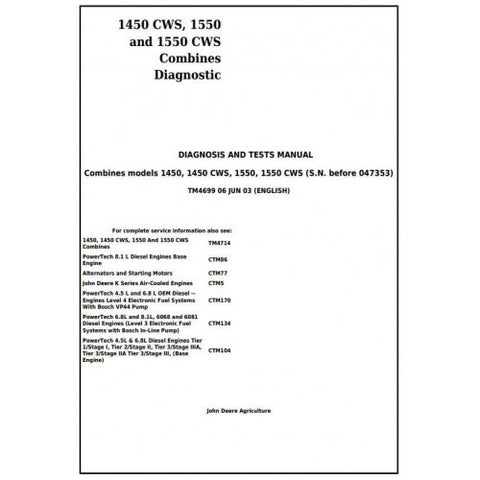 TM4699 DIAGNOSIS AND TESTS MANUAL - JOHN DEERE 1450, 1450CWS, 1550, 1550CWS COMBINES DOWNLOAD