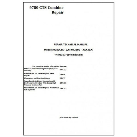 TM4712 SERVICE REPAIR TECHNICAL MANUAL - JOHN DEERE 9780 CTS (SN. FROM 072800) COMBINE DOWNLOAD