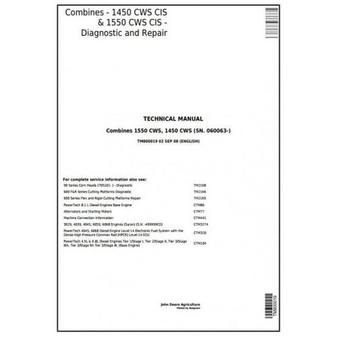 TM800019 DIAGNOSTIC AND REPAIR TECHNICAL MANUAL - JOHN DEERE 1450CWS, 1550CWS (SN.060063-) CIS COMBINES DOWNLOAD