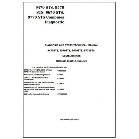 TM800119 DIAGNOSIS AND TESTS TECHNICAL MANUAL - JOHN DEERE 9470STS, 9570STS, 9670STS, 9770STS COMBINES DOWNLOAD