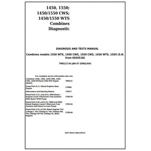 TM8113 DIAGNOSIS AND TESTS MANUAL - JOHN DEERE 1450, 1550 (CWS, WTS) COMBINES DOWNLOAD