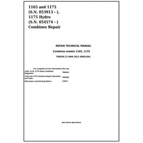 TM8205 SERVICE REPAIR TECHNICAL MANUAL - JOHN DEERE 1165, 1175, 1175 HYDRO COMBINES DOWNLOAD