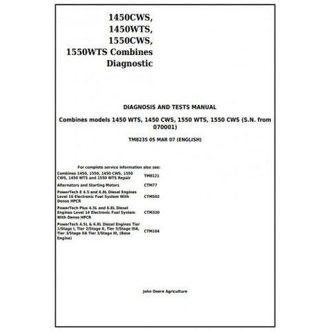 TM8235 DIAGNOSIS AND TESTS MANUAL - JOHN DEERE 1450CWS, 1450WTS, 1550CWS, 1550WTS COMBINES DOWNLOAD