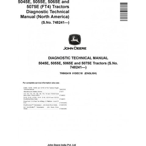 TM902419 DIAGNOSTIC TECHNICAL MANUAL - JOHN DEERE 5045E, 5055E, 5065E, 5075E USA TRACTORS DOWNLOAD