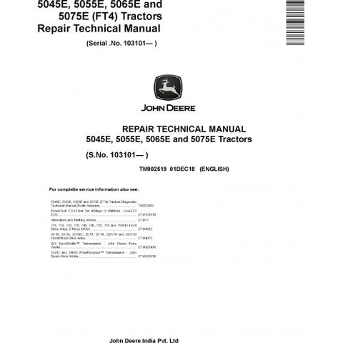 TM902519 SERVICE REPAIR TECHNICAL MANUAL - JOHN DEERE 5045E, 5055E, 5065E, 5075E TRACTORS DOWNLOAD