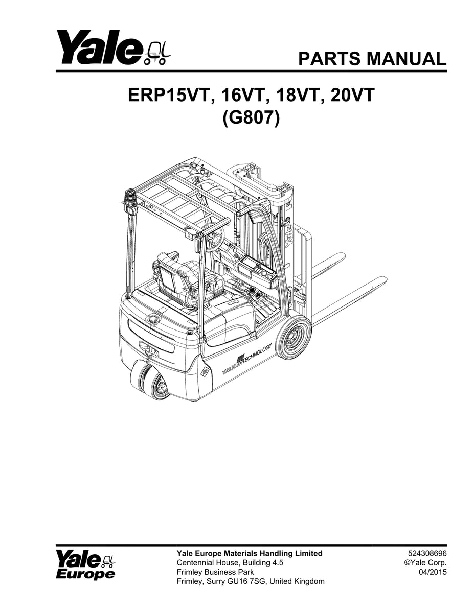 Yale Forklift ERP15VT, 16VT, 18VT, 20VT(G807) Best PDF Parts Catalog M